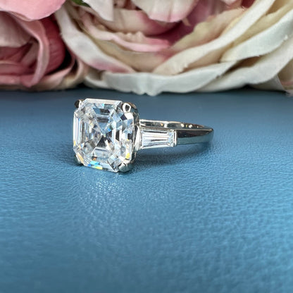 Asscher Cut Moissanite Engagement Ring 14K White Gold Ladies Three Stone Engagement Ring Asscher Shaped Wedding Bridal Promise Ring