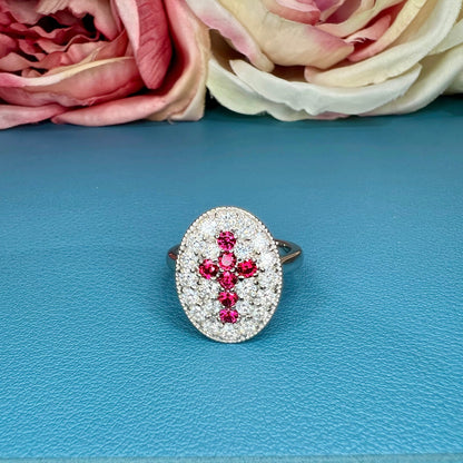Oval Moissanite And Ruby Cross Engagement Ring 14K Solid Gold, Oval Pave Moissanite Cluster Fashion Ring For Women, Diamond Anniversary 7516