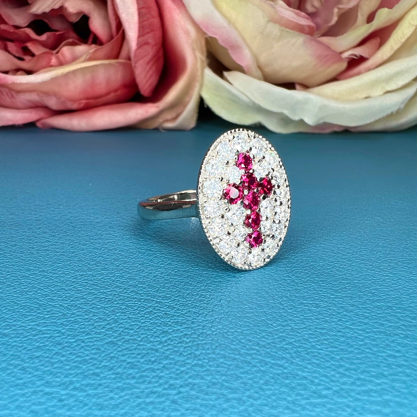 Oval Moissanite And Ruby Cross Engagement Ring 14K Solid Gold, Oval Pave Moissanite Cluster Fashion Ring For Women, Diamond Anniversary 7516