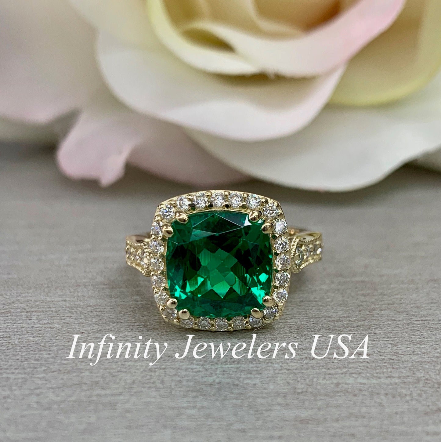 Cushion Cut Emerald And Diamond Engagement Ring. Emerald Ring With Round Moissanite Accents, 14K Yellow Gold Emerald And Diamond Ring  #6416
