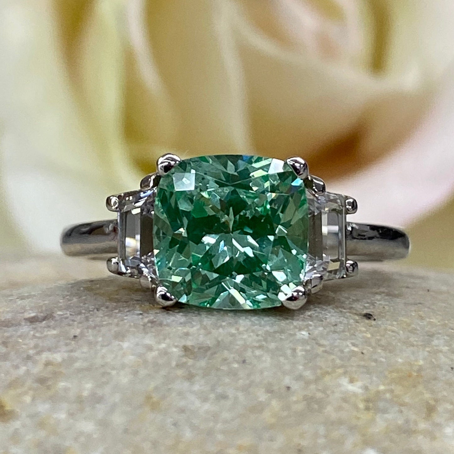 Paraiba Tourmaline Ring 14k White Gold, Cushion Cut Paraiba Tourmaline Ring, Green Paraiba Ring, Three Stone Paraiba Engagement Ring, #6761