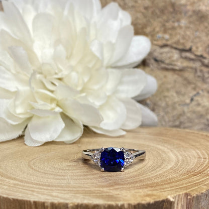 Cushion Cut Blue Sapphire Engagement Ring, 14k Gold Sapphire Cushion and Round Moissanite Cluster Ring, Cushion And Round Wedding Ring #7092