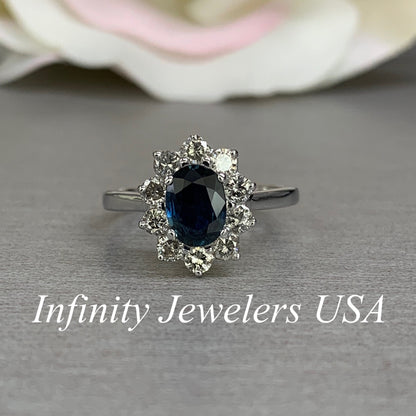Natural blue sapphire and diamond ring 14k white gold, Blue sapphire engagement ring, Unique Vintage style halo diamond wedding ring, #5974