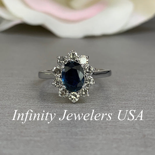 Natural blue sapphire and diamond ring 14k white gold, Blue sapphire engagement ring, Unique Vintage style halo diamond wedding ring, #5974