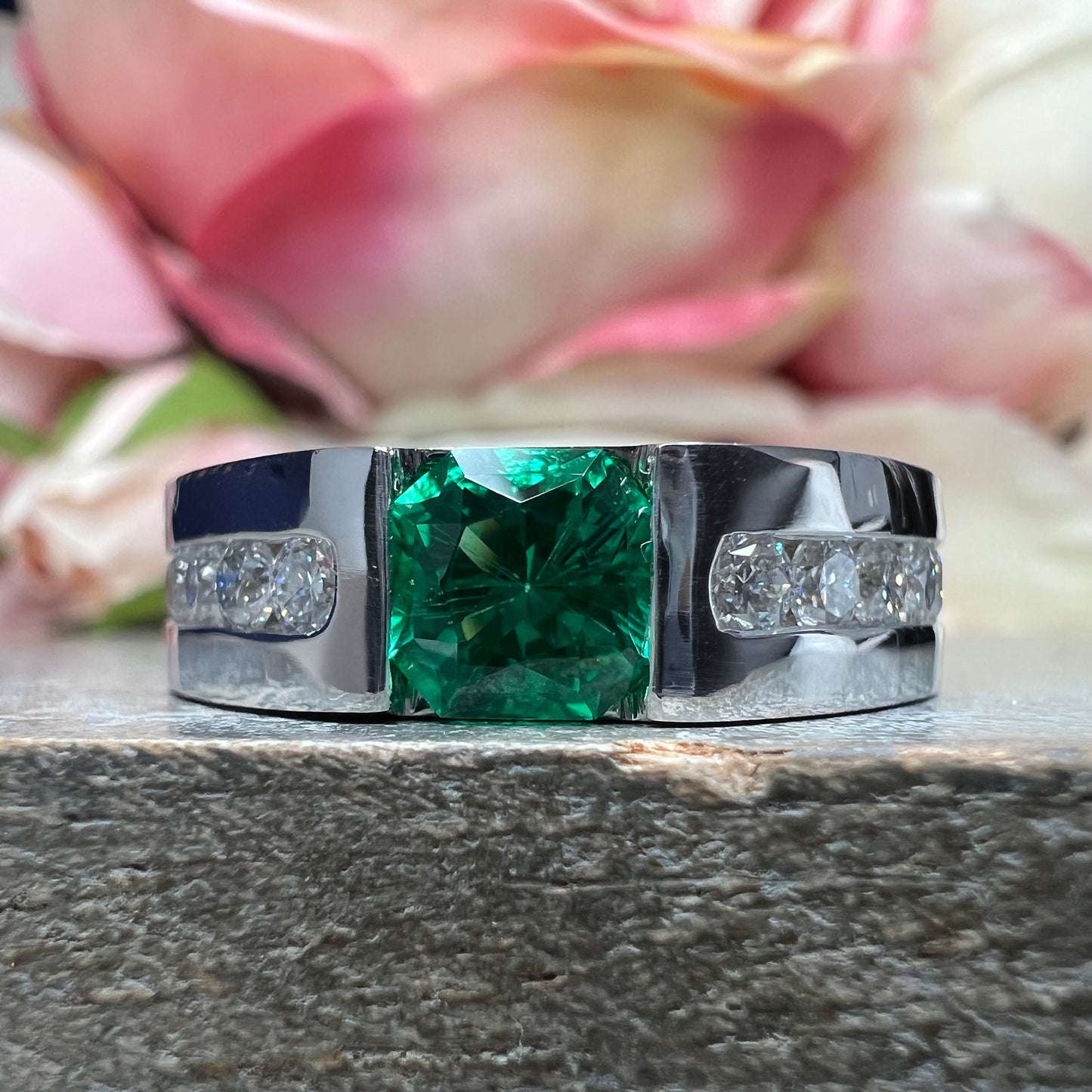 Mens Emerald and Moissanite Wedding Band White Gold, Classic Mans Wedding Band Comfort Fit, Mens Diamond Wedding Band Gold Promise Ring 7512