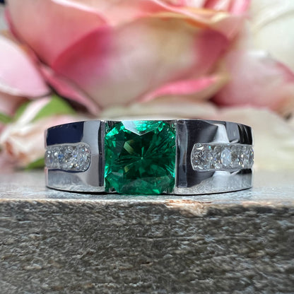 Mens Emerald and Moissanite Wedding Band White Gold, Classic Mans Wedding Band Comfort Fit, Mens Diamond Wedding Band Gold Promise Ring 7512