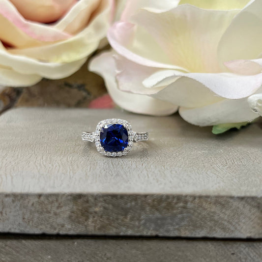 Cushion Cut Blue sapphire Engagement Ring Moissanite Halo 14K White Gold Unique Vintage Promise Anniversary Wedding Ring Set For Women #7302