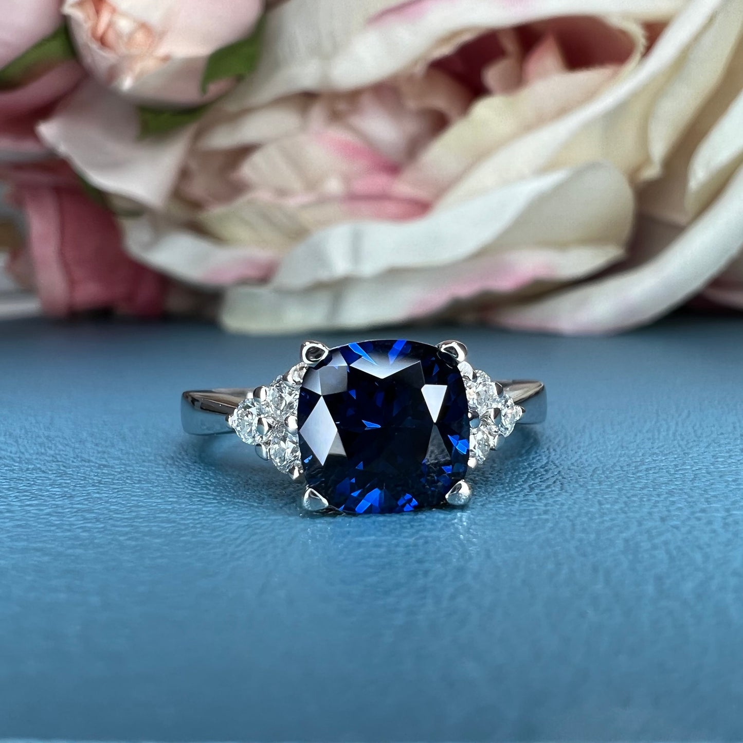 Cushion Cut Blue Sapphire Engagement Ring, 14k Gold Sapphire Cushion and Round Moissanite Cluster Ring, Cushion And Round Wedding Ring #7092