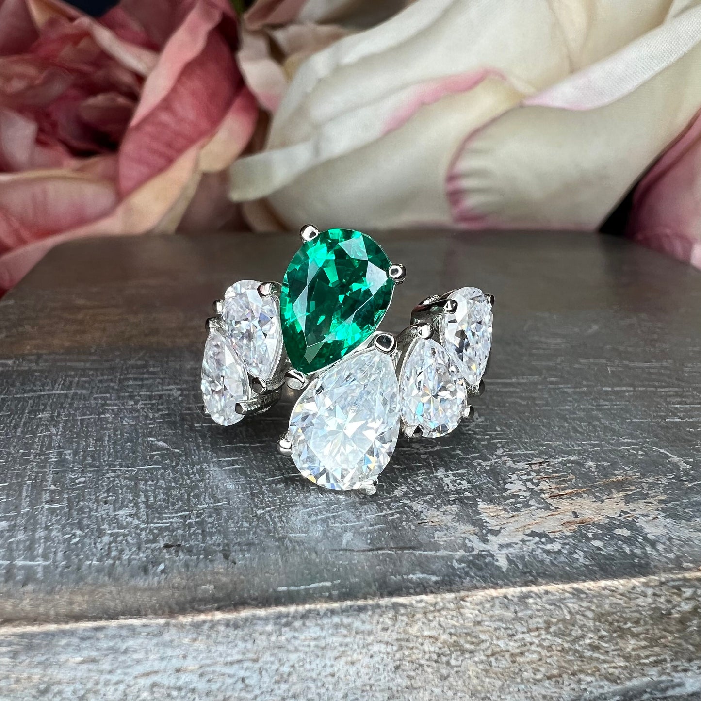 Pear Shaped Six Stone Cluster Engagement Ring White Gold, Unique Pear Shaped Anniversary Wedding Promise Ring, Mothers Birthstone Ring #7511