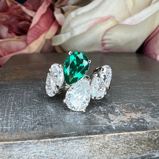 Pear Shaped Six Stone Cluster Engagement Ring White Gold, Unique Pear Shaped Anniversary Wedding Promise Ring, Mothers Birthstone Ring #7511