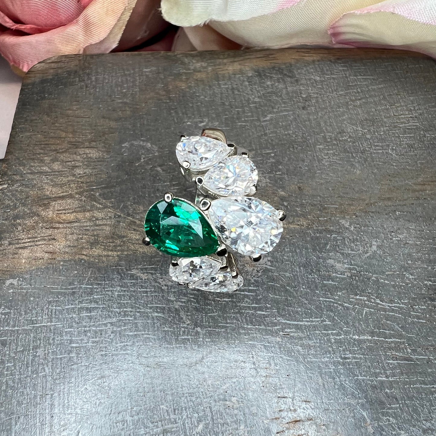 Pear Shaped Six Stone Cluster Engagement Ring White Gold, Unique Pear Shaped Anniversary Wedding Promise Ring, Mothers Birthstone Ring #7511