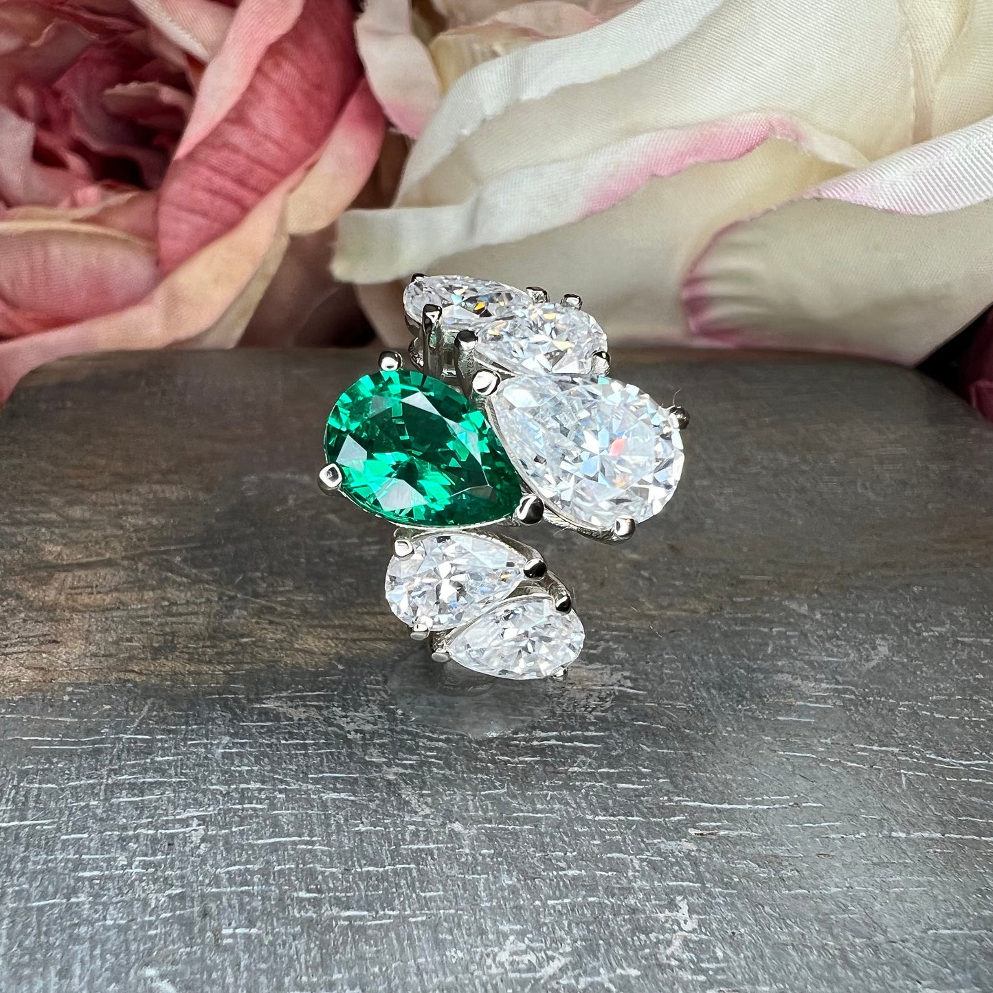 Pear Shaped Six Stone Cluster Engagement Ring White Gold, Unique Pear Shaped Anniversary Wedding Promise Ring, Mothers Birthstone Ring #7511