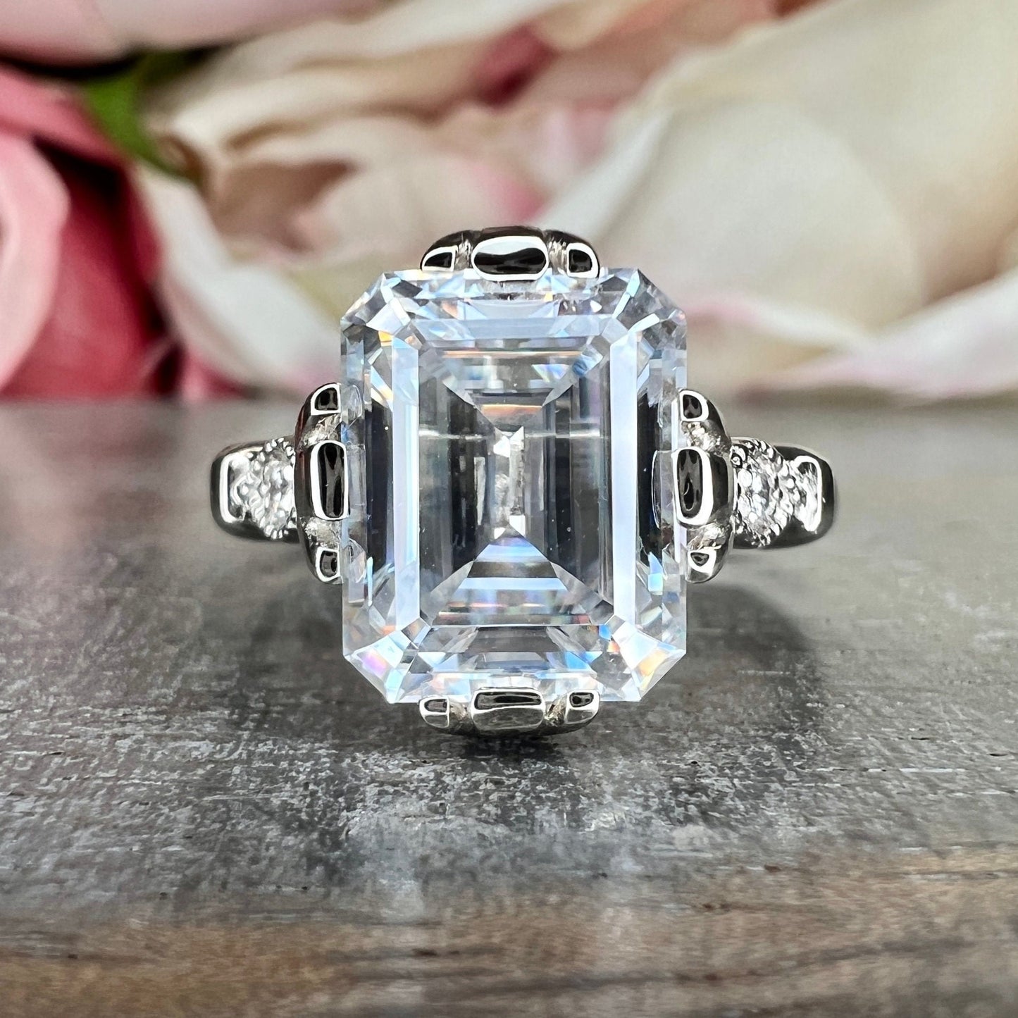 Emerald cut Moissanite engagement ring set 14k white gold Unique Art deco Cluster engagement ring vintage Bridal Anniversary ring set  #7490