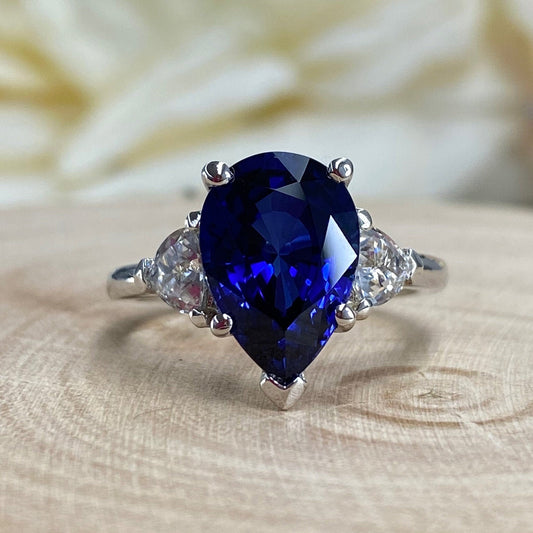 Blue Sapphire Pear Shape Engagement Ring, Blue Sapphire And Moissanite Pear Shape Three Stone Wedding Ring, Sapphire Birthstone Ring
