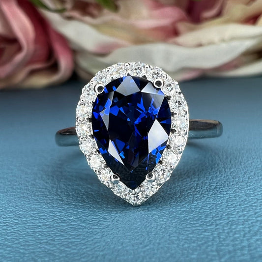 Blue sapphire ring 14k white gold, Blue Sapphire Engagement Ring, Vintage blue sapphire halo ring, Blue Sapphire teardrop Wedding Ring