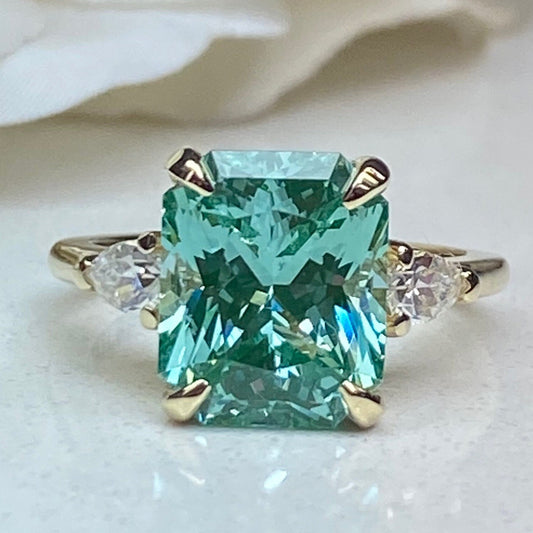 Radiant Cut Paraiba And Pear Moissanite Engagement Ring, 14k Gold Three Stone Wedding Ring, 3 Stone Tourmaline And Moissanite Ring    #7156
