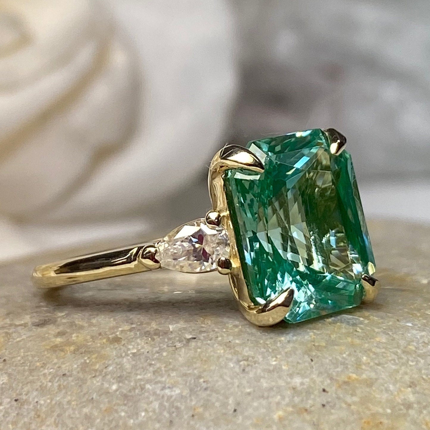 Radiant Cut Paraiba And Pear Moissanite Engagement Ring, 14k Gold Three Stone Wedding Ring, 3 Stone Tourmaline And Moissanite Ring    #7156