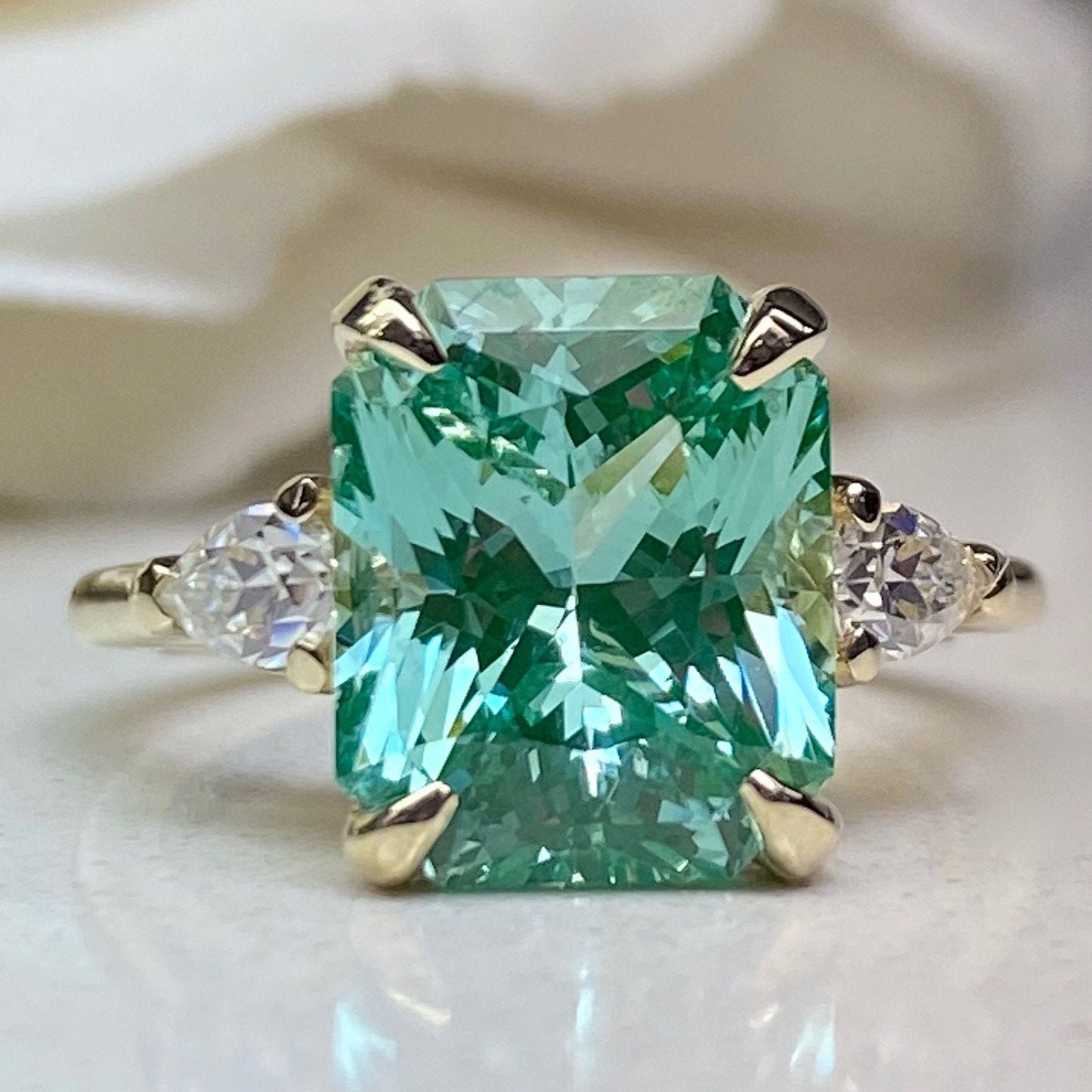 Radiant Cut Paraiba And Pear Moissanite Engagement Ring, 14k Gold Three Stone Wedding Ring, 3 Stone Tourmaline And Moissanite Ring    #7156