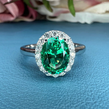 Green emerald ring 14k white/yellow gold, Oval cut green emerald engagement ring, Vintage green emerald and moissanite diamond rings,  #7594