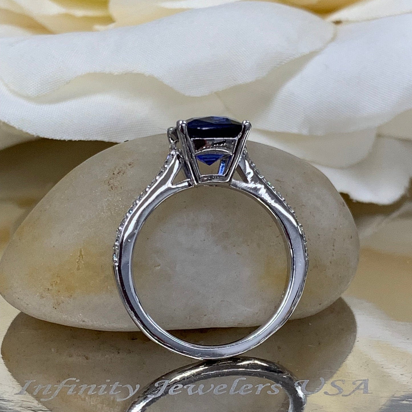 Blue sapphire cushion cut engagement ring, with round diamond accents, 2.65ctw, 14k white gold wedding ring