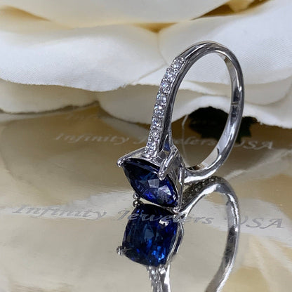 Blue sapphire cushion cut engagement ring, with round diamond accents, 2.65ctw, 14k white gold wedding ring