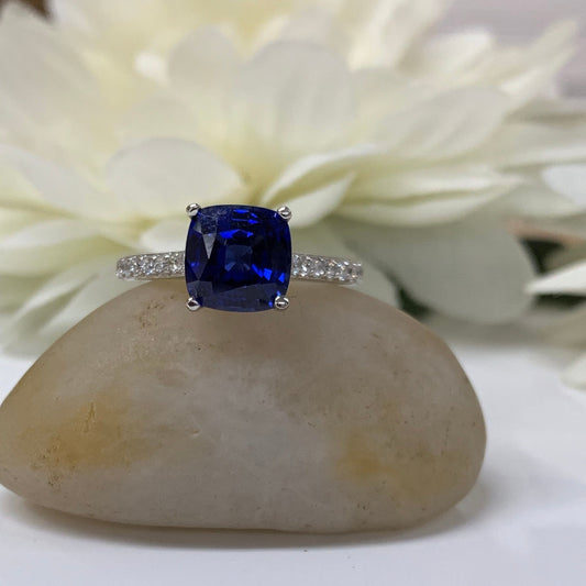 Blue sapphire cushion cut engagement ring, with round diamond accents, 2.65ctw, 14k white gold wedding ring