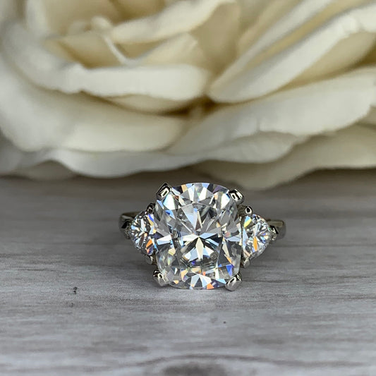 Moissanite Engagement Ring Cushion Cut, Elongated Cushion Shaped Three Stone Wedding Ring, 14k White Gold Trillion Moissanite Ring,  #5545