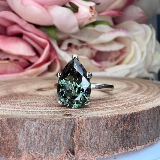 Pear Shaped, green sapphire engagement ring 14k white gold, Pear solitaire wedding ring, Single Stone pear shape white sapphire rings  #7501