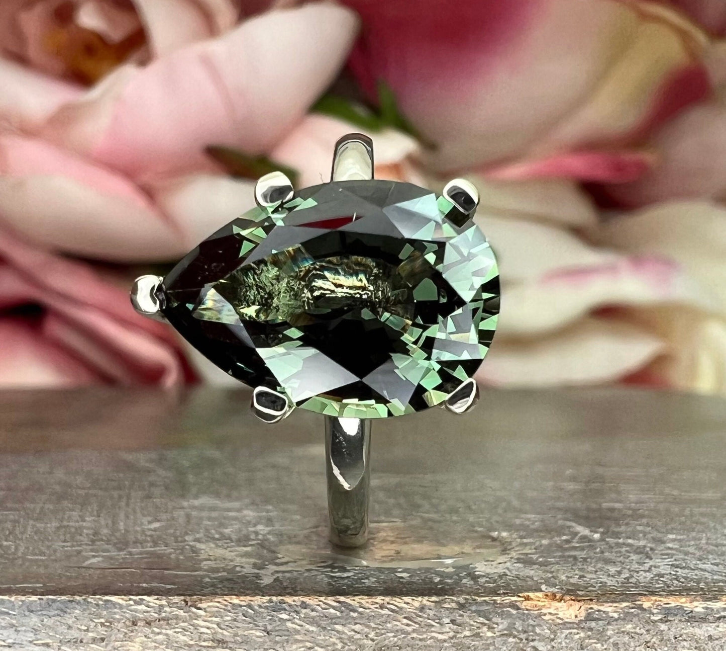 Pear Shaped, green sapphire engagement ring 14k white gold, Pear solitaire wedding ring, Single Stone pear shape white sapphire rings  #7501