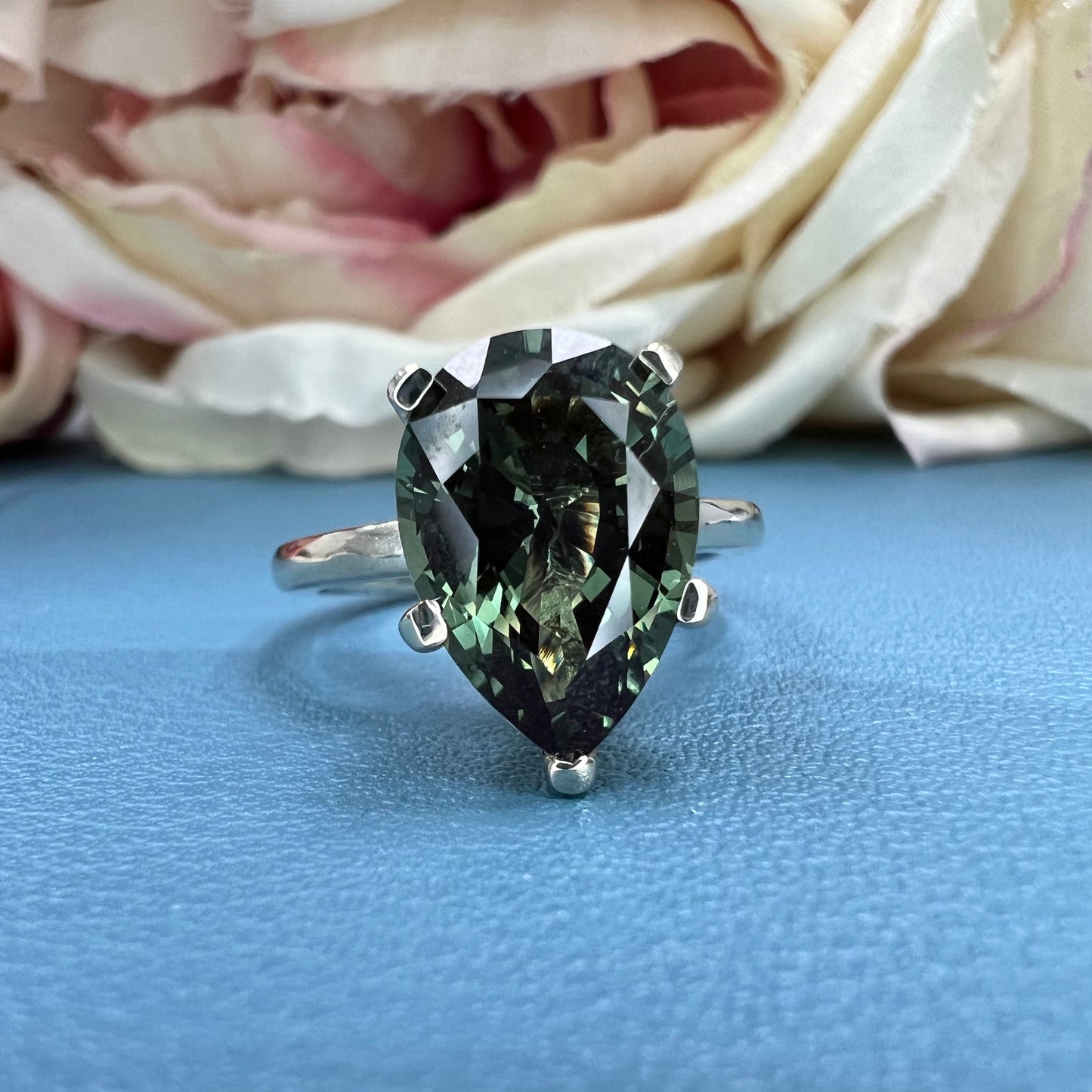 Pear Shaped, green sapphire engagement ring 14k white gold, Pear solitaire wedding ring, Single Stone pear shape white sapphire rings  #7501