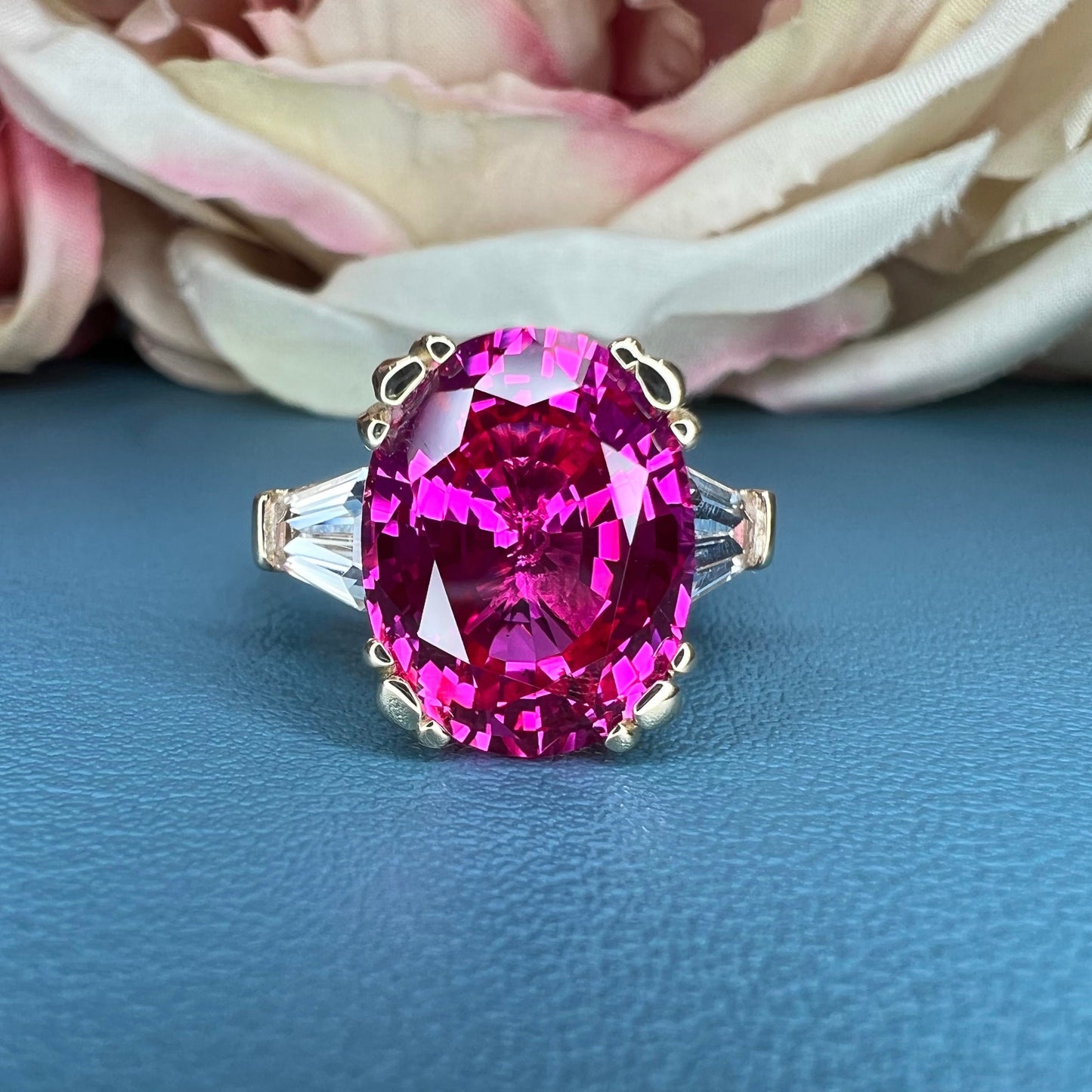 Pink Sapphire Oval Engagement Ring, 14k Yellow Gold Ring, Large Oval Engagement Ring, Three Stone Ring, Sapphire and Moissanite Ring,  #6364