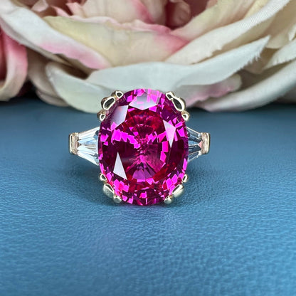 Pink Sapphire Oval Engagement Ring, 14k Yellow Gold Ring, Large Oval Engagement Ring, Three Stone Ring, Sapphire and Moissanite Ring,  #6364