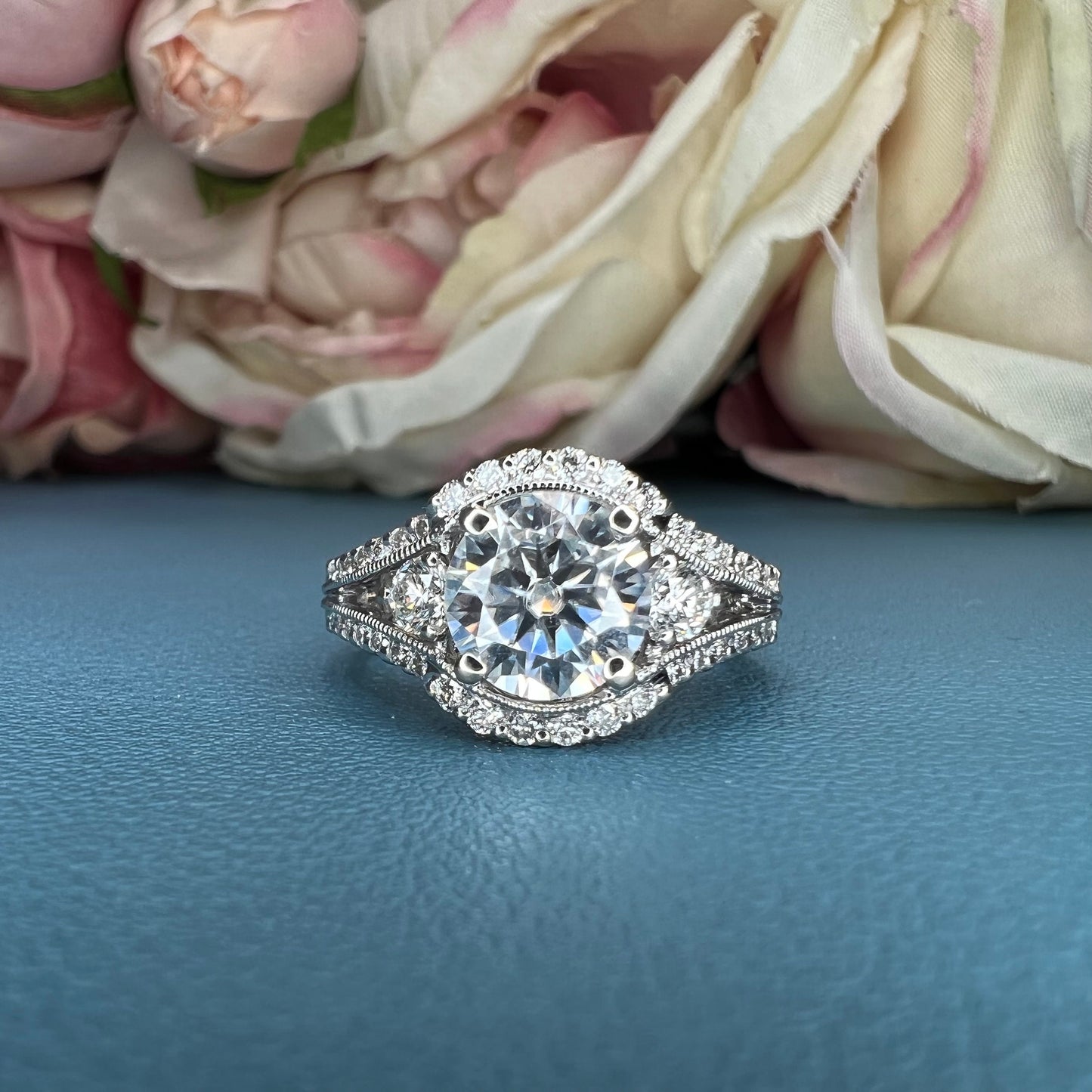 Round moissanite engagement ring 14k gold, unique vintage Moissanite wedding ring, three stone promise ring, split shank cluster ring,  #802