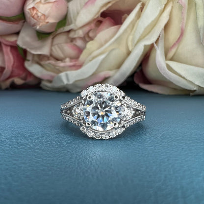 Round moissanite engagement ring 14k gold, unique vintage Moissanite wedding ring, three stone promise ring, split shank cluster ring,  #802