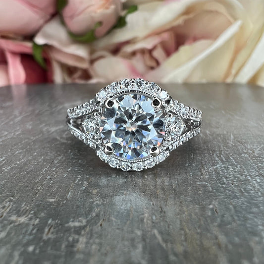 Round moissanite engagement ring 14k gold, unique vintage Moissanite wedding ring, three stone promise ring, split shank cluster ring,  #802