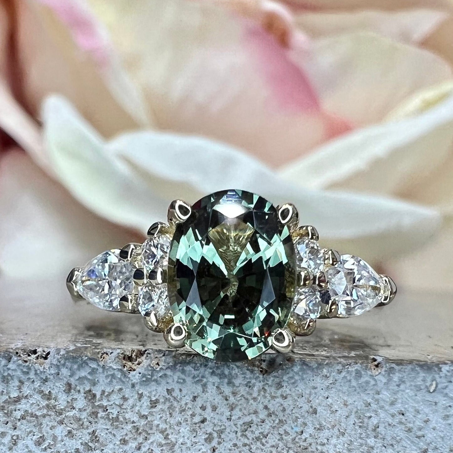 Oval Green Sapphire Engagement Ring 14K Solid Gold, Unique Vintage Oval Cluster Ring For Women, Olive Green Sapphire Engagement Rings #7207