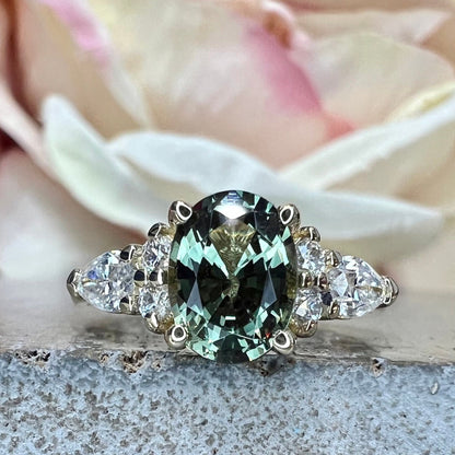 Oval Green Sapphire Engagement Ring 14K Solid Gold, Unique Vintage Oval Cluster Ring For Women, Olive Green Sapphire Engagement Rings #7207