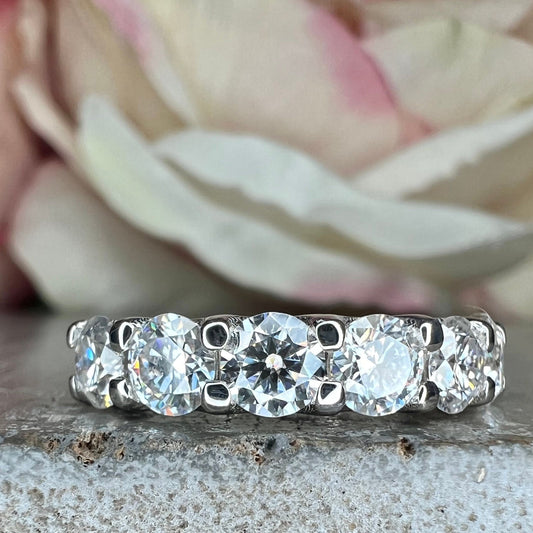 Moissanite 6 Stone Ladies Wedding Band, Round Moissanite Anniversary 14k White Gold Band  For Her,  April Birthstone Ring For Ladies, #6444