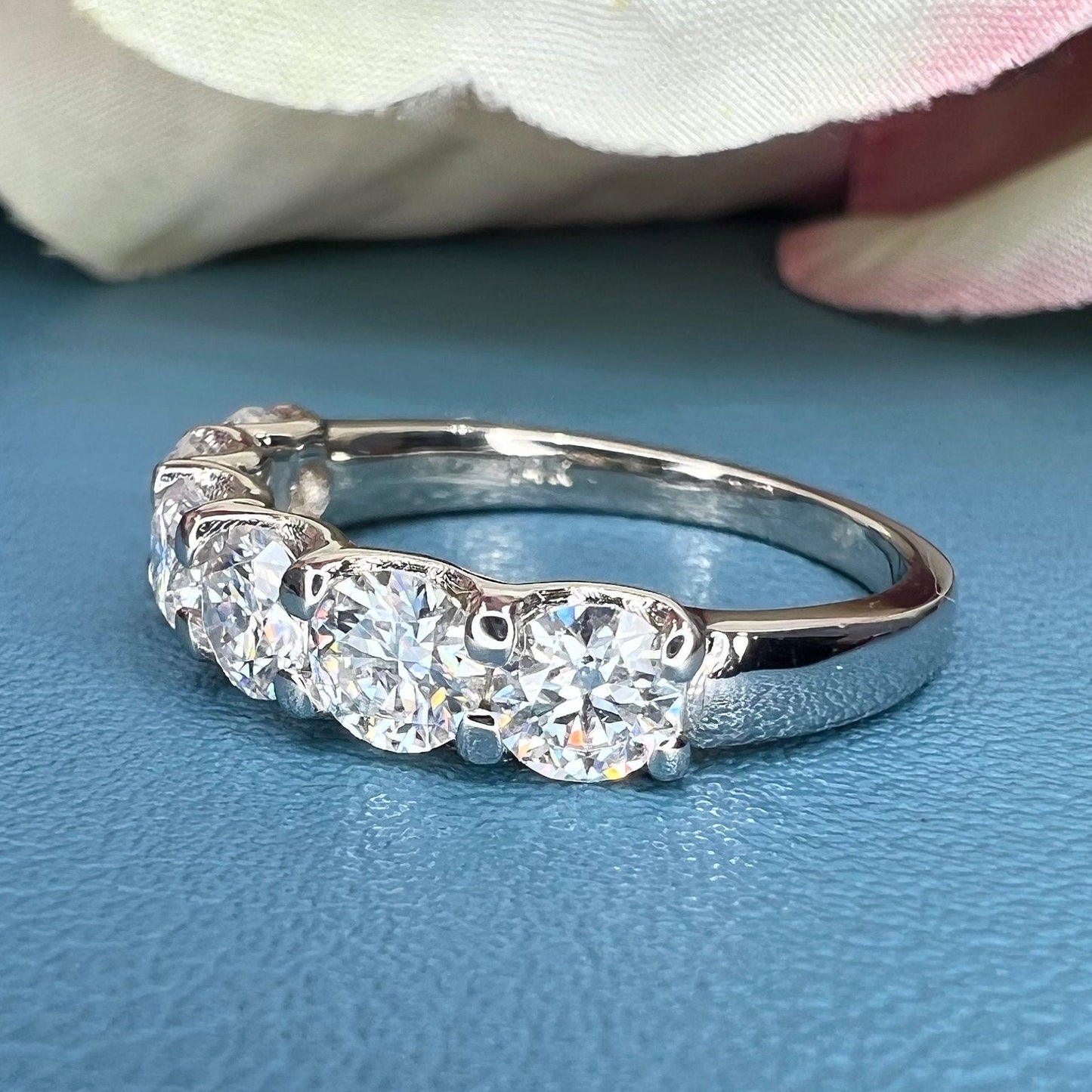 Moissanite 6 Stone Ladies Wedding Band, Round Moissanite Anniversary 14k White Gold Band  For Her,  April Birthstone Ring For Ladies, #6444