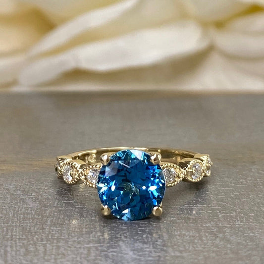 London Blue Sapphire Engagement Ring 14K Yellow Gold, Unique Vintage Twist Band Engagement Rings For Women, Dainty Wedding Band Rings, #7219