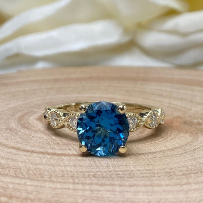 London Blue Sapphire Engagement Ring 14K Yellow Gold, Unique Vintage Twist Band Engagement Rings For Women, Dainty Wedding Band Rings, #7219