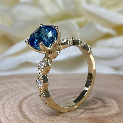 London Blue Sapphire Engagement Ring 14K Yellow Gold, Unique Vintage Twist Band Engagement Rings For Women, Dainty Wedding Band Rings, #7219
