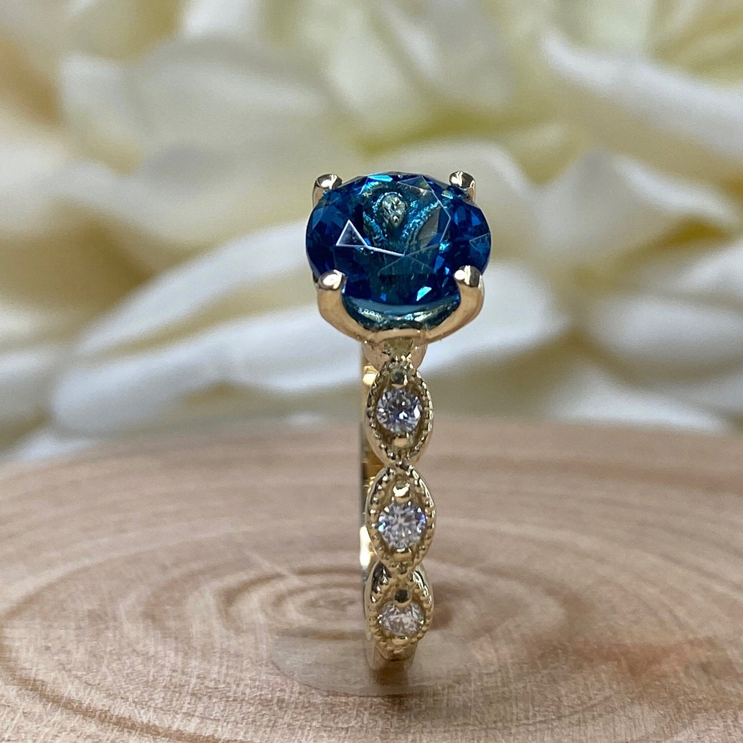 London Blue Sapphire Engagement Ring 14K Yellow Gold, Unique Vintage Twist Band Engagement Rings For Women, Dainty Wedding Band Rings, #7219