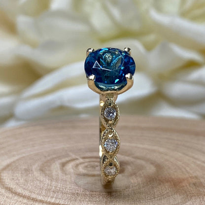 London Blue Sapphire Engagement Ring 14K Yellow Gold, Unique Vintage Twist Band Engagement Rings For Women, Dainty Wedding Band Rings, #7219