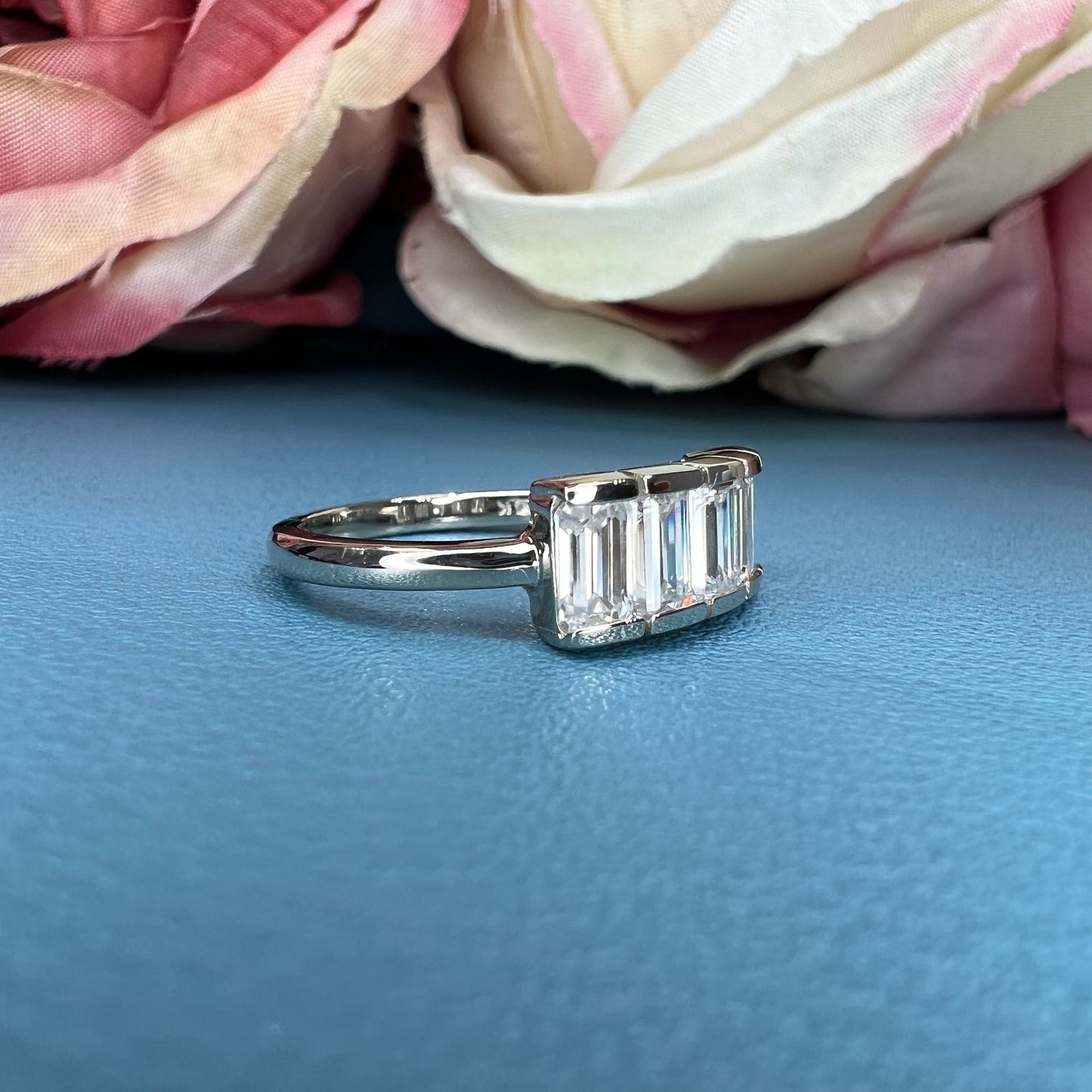 Five stone emerald cut moissanite mothers ring 14k white gold, Family birthstone ring, Multi birthstone rings for mom, Moissanite ring #7513