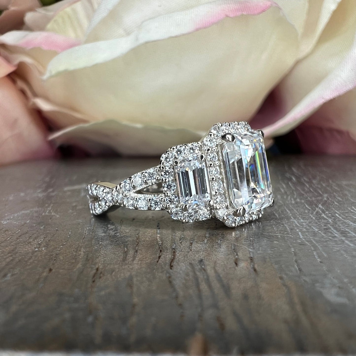 Emerald cut moissanite engagement ring 14K white gold, three stone moissanite wedding ring, Unique vintage style halo engagement ring, #7514