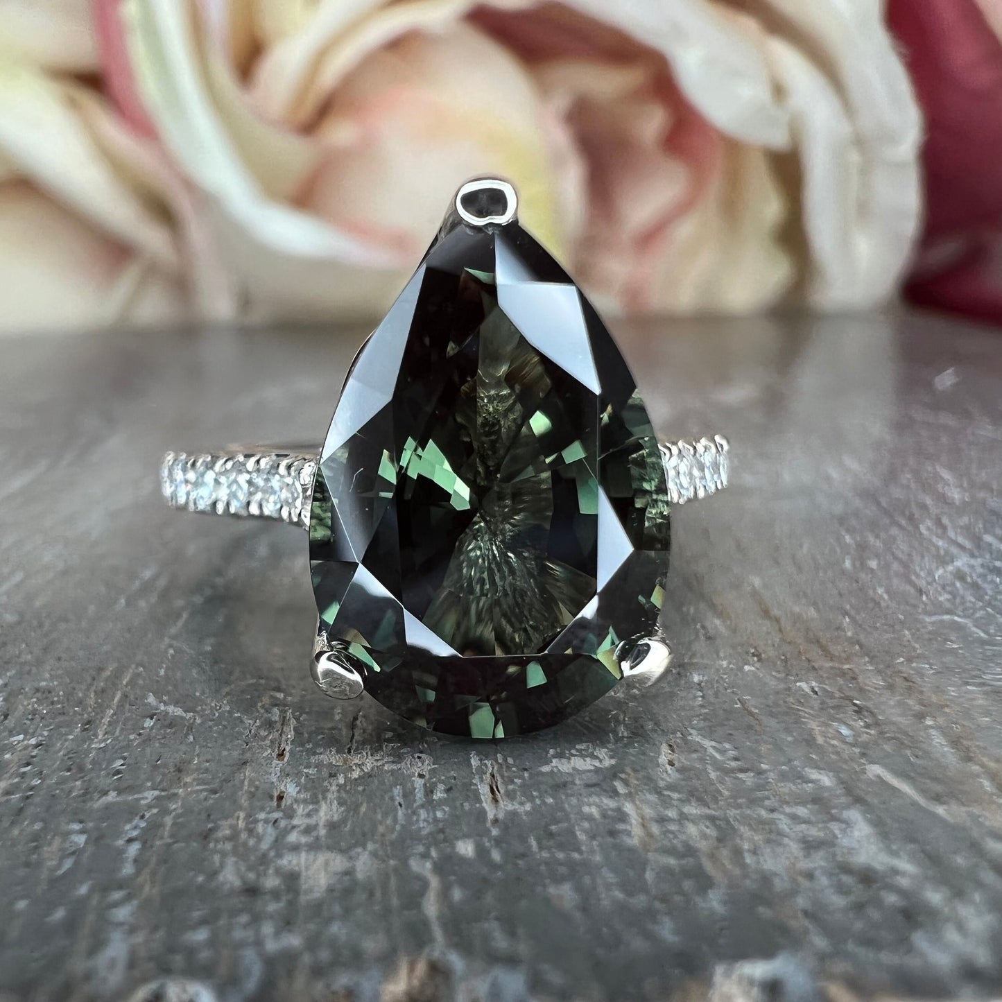Pear shape olive green sapphire engagement ring 14k white or yellow gold, Unique olive green sapphire wedding anniversary promise ring #7548