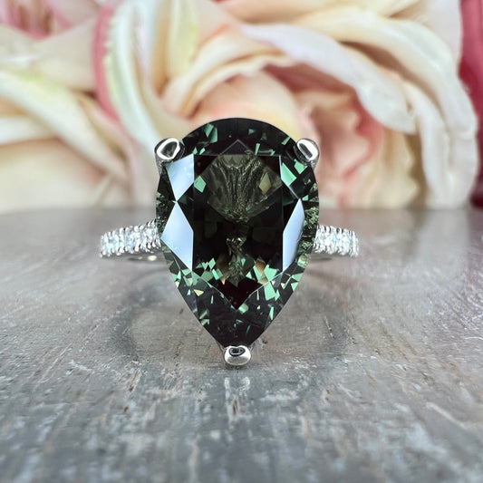 Pear shape olive green sapphire engagement ring 14k white or yellow gold, Unique olive green sapphire wedding anniversary promise ring #7548