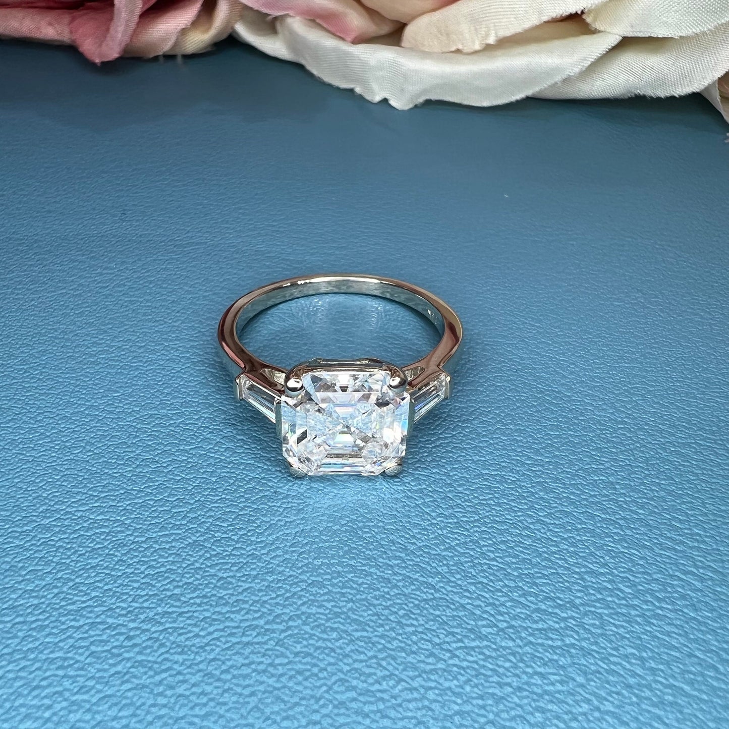 Asscher Cut Moissanite Engagement Ring 14K White Gold Ladies Three Stone Engagement Ring Asscher Shaped Wedding Bridal Promise Ring