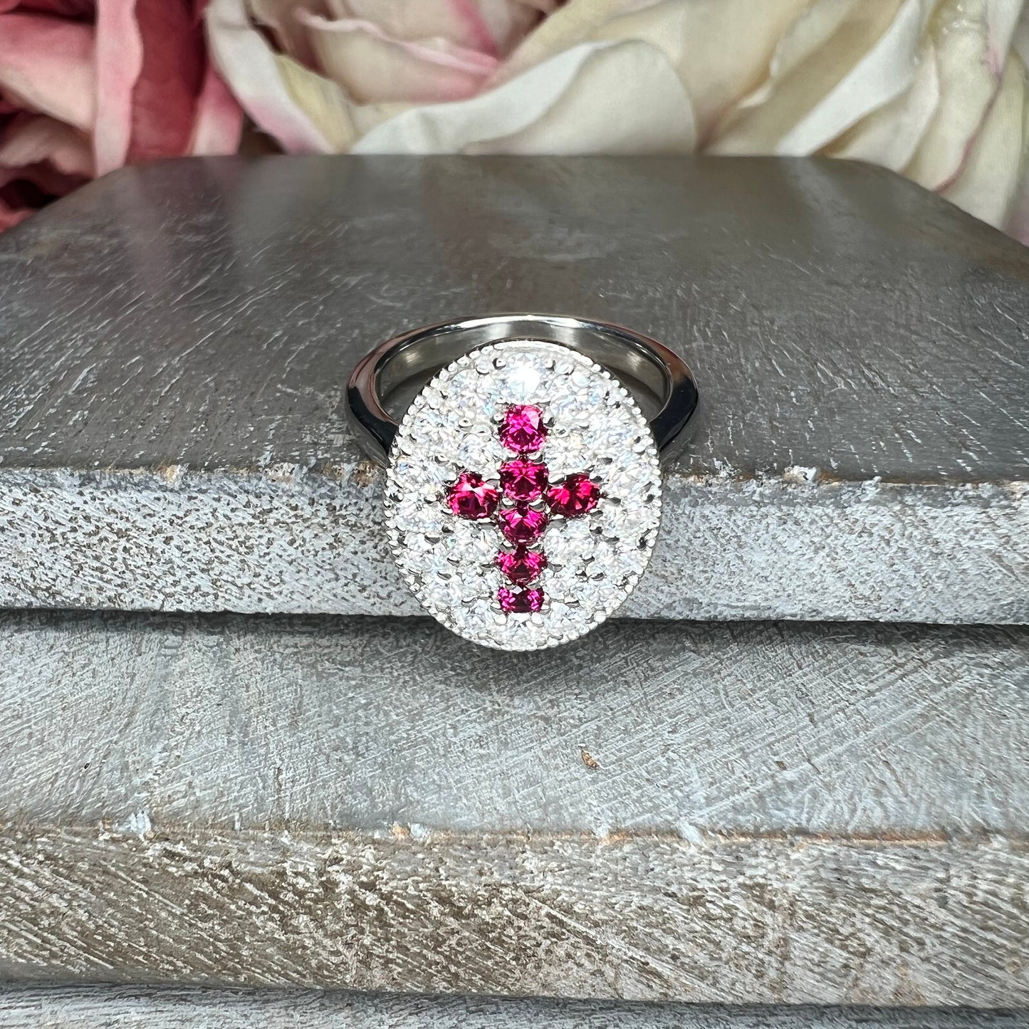 Oval Moissanite And Ruby Cross Engagement Ring 14K Solid Gold, Oval Pave Moissanite Cluster Fashion Ring For Women, Diamond Anniversary 7516
